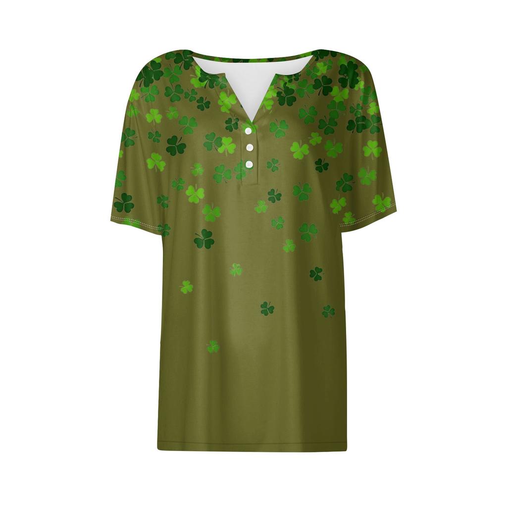 Dámské ležérní sv. Tričko s potiskem ke Dni svatého Patrika s výstřihem do V, krátkým rukávem a ozdobnými knoflíčky