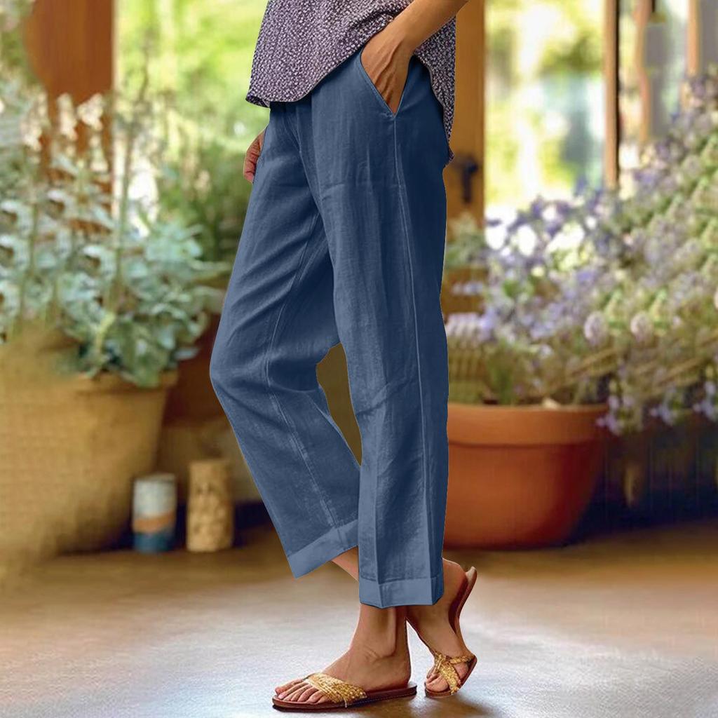 Women's Fashion Color Loose Elastic Waist Straight Pocket Casual Pants