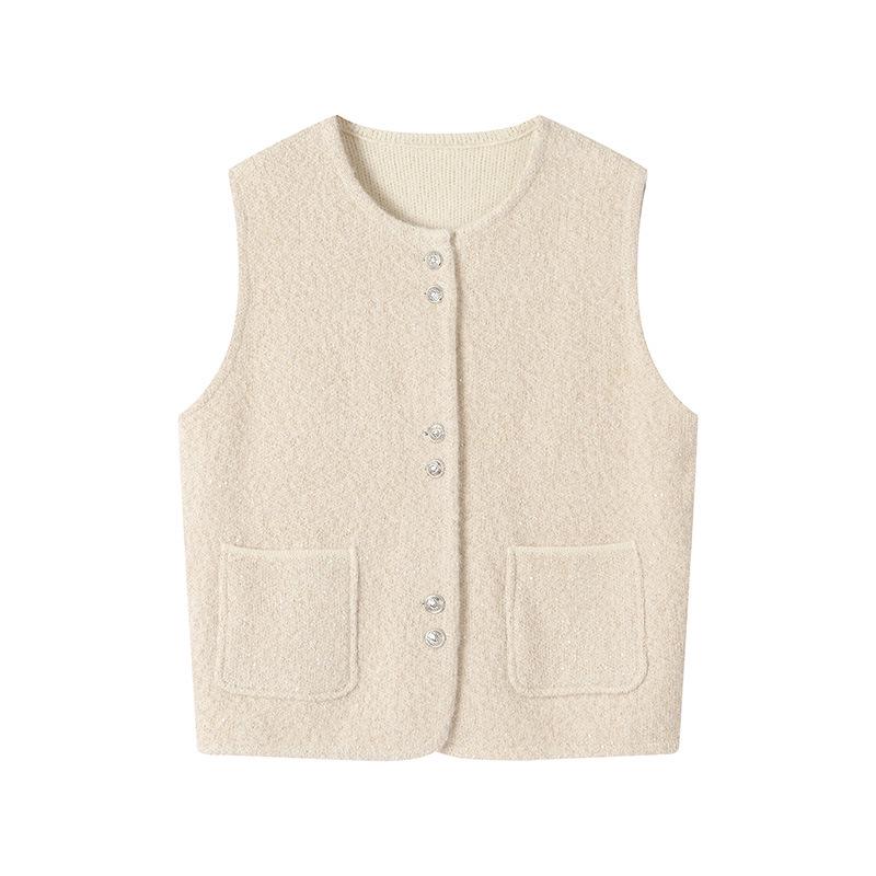 2025 Autumn Women's Fashionable Round Neck Knitted Cardigan Vest - Versatile Petite Sweater Top