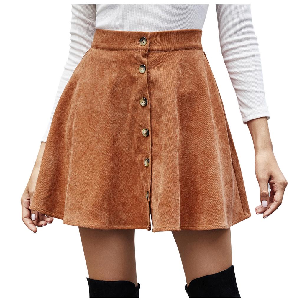Women Lady Solid Color High Waist Corduroy A-line Skirt Skirt
