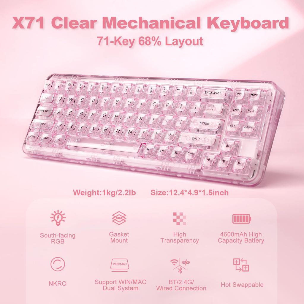 YUNZII X71 Mechanical Keyboard, Crystal Ice, Pink