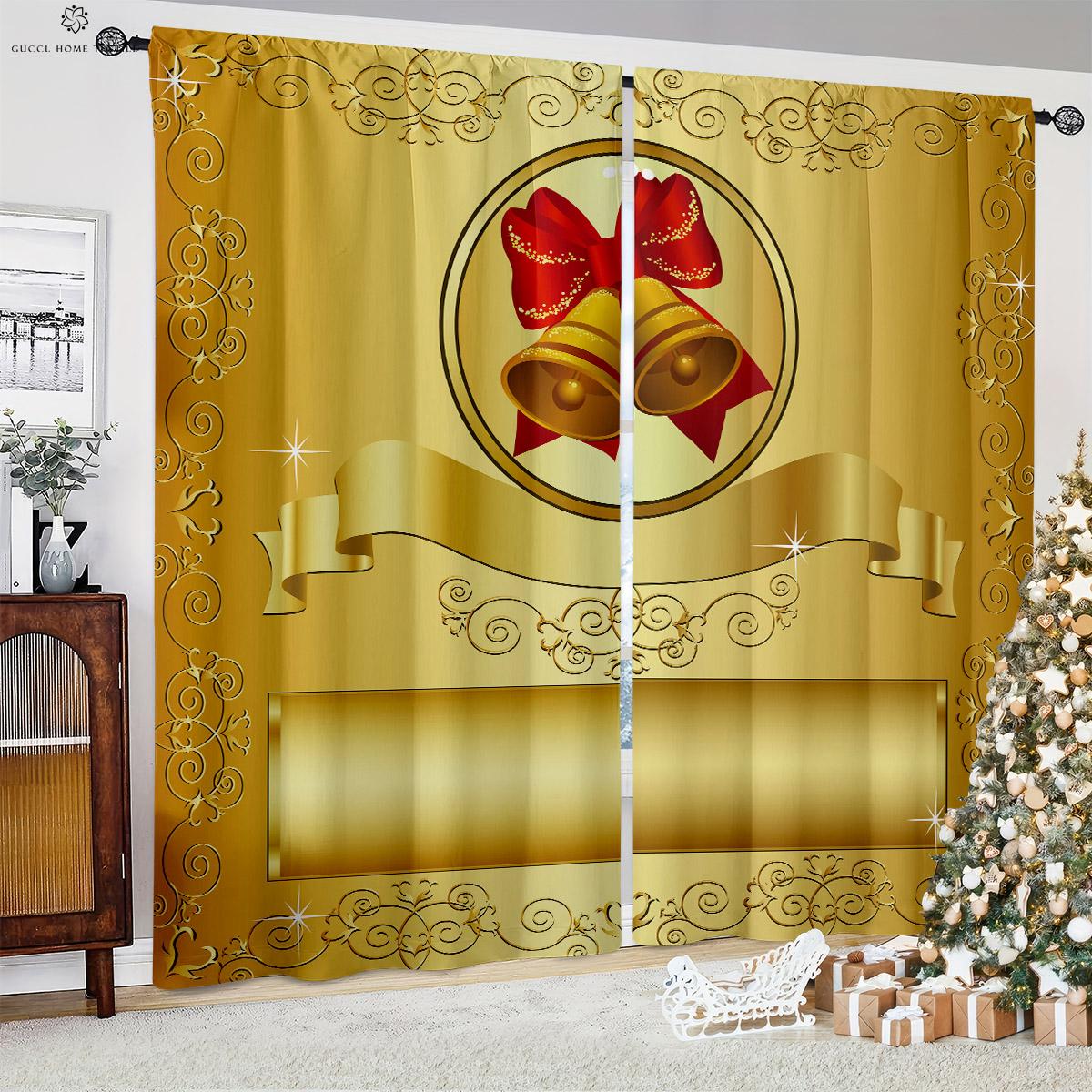 

Bell Gift Snowflake Cartoon Christmas Printed Window Curtains Polyester Fabric Fiber Rod Pocket Design Curtains Holiday Party Decoration Curtains W50xH130(CM)x2PCS&Grommet Top