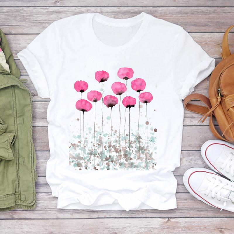 Summer Round Neck Floral Print Top Fashionable Casual Short Sleeved Women's Pure Cotton T-shirts