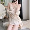 Yase [Gorgeous Flowers] New velvet nightdress women's exquisite lace heavy industry design hanging skirt with chest pad set