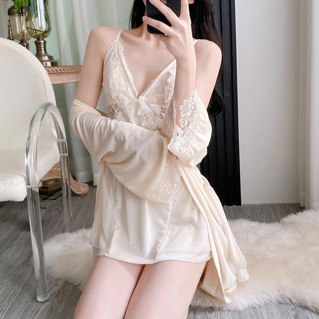 Yase [Gorgeous Flowers] New velvet nightdress women's exquisite lace heavy industry design hanging skirt with chest pad set