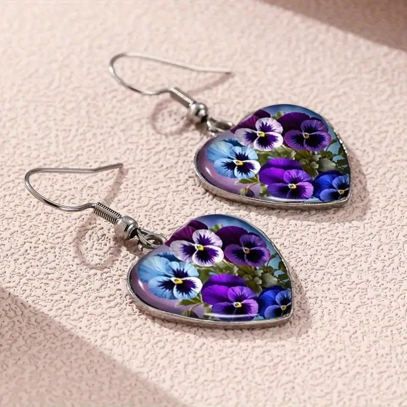 Bohemian Heart Earrings with Pansy Flower Design Pattern