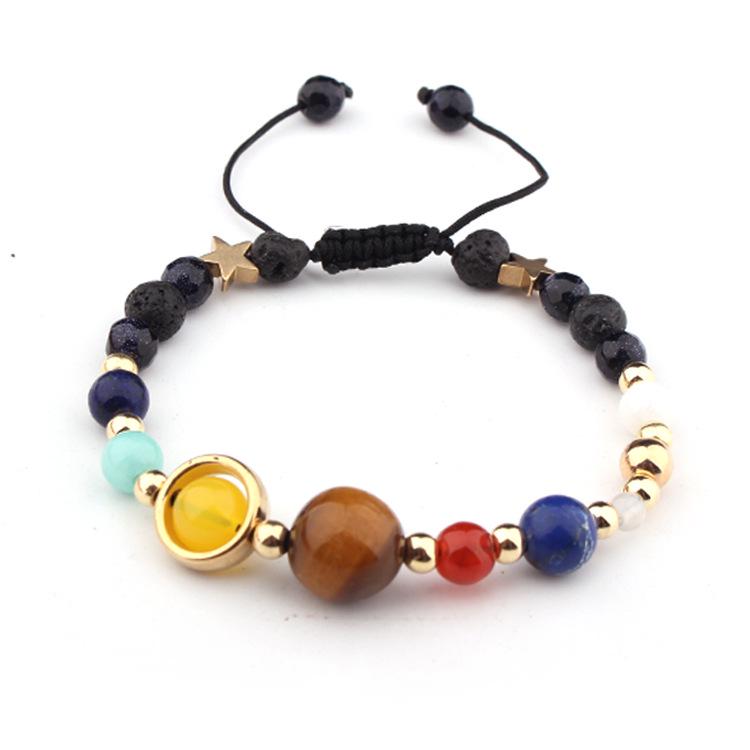 Galaxy Solar System Bracelet: Natural Stone Beads with Eight Planet Charms for Women