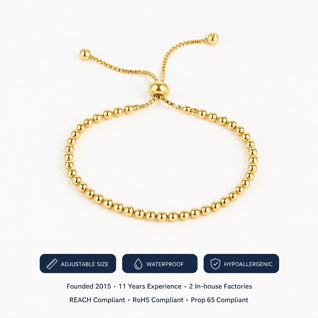 Ready to Ship 18K PVD Stainless Steel Gold Bead Bracelet Adjustable Stainless Steel Gold Bracelet for Women
