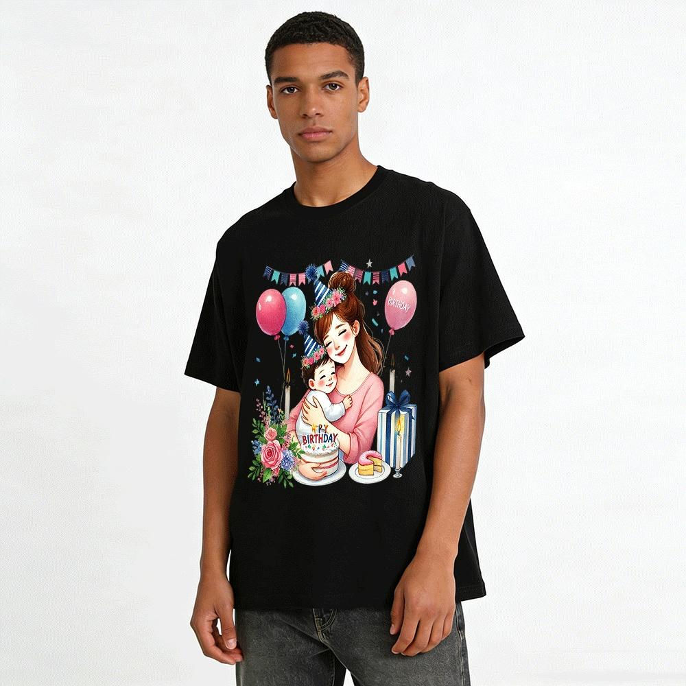 Adult Parent-Child Birthday Themed Printed Top Pure Cotton T-shirt