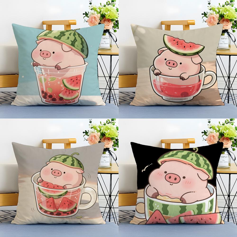 Cute Pig Summer Surprise Cushion Cover Linen Pillowcase Soft  for Sofa Bed Home Room Decor