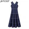 BITCED Damen Sommer Mode V-Ausschnitt Fransen Patchwork Maxikleid mit vollem Rock