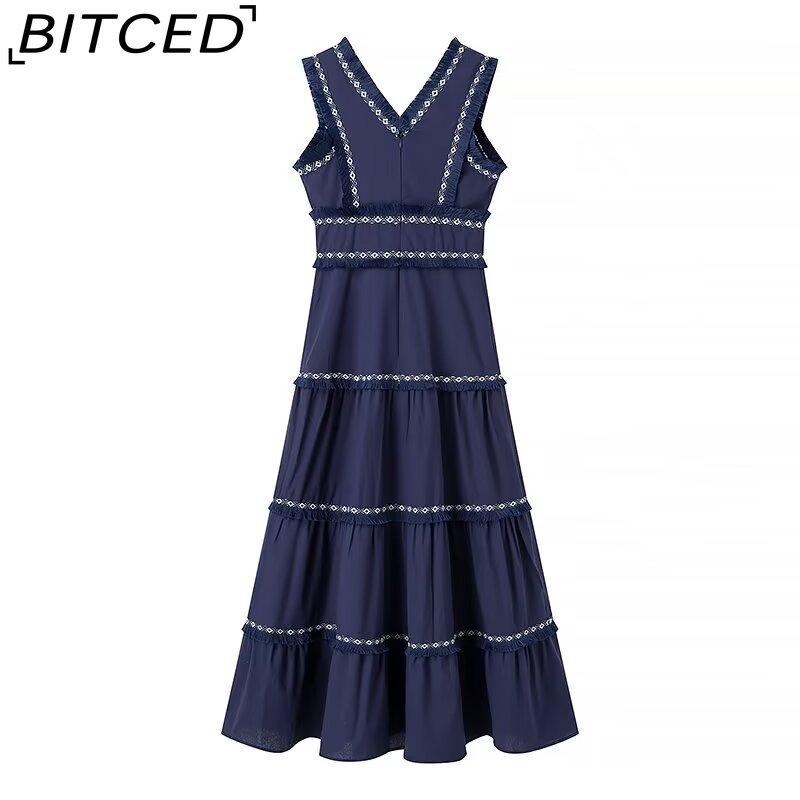BITCED Damen Sommer Mode V-Ausschnitt Fransen Patchwork Maxikleid mit vollem Rock