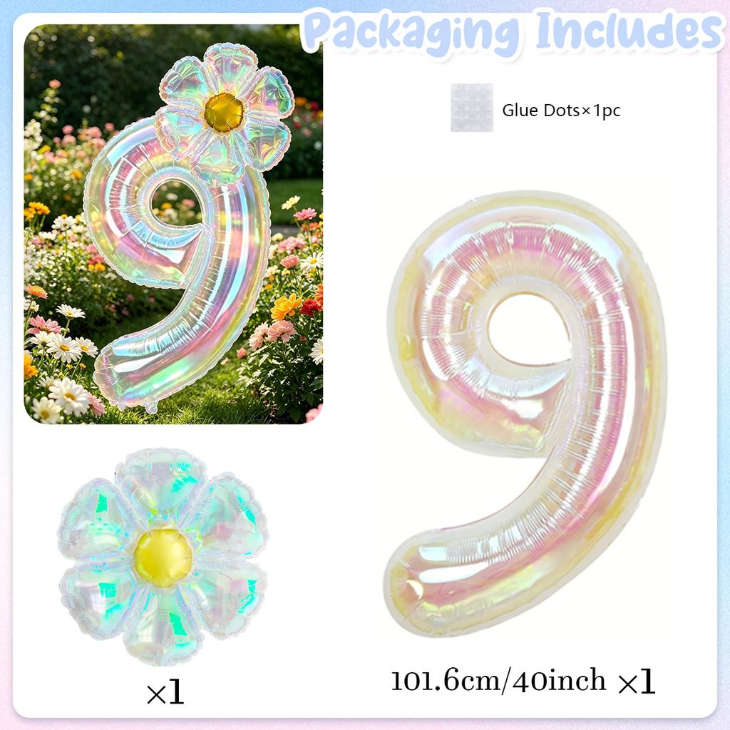40Inch Colorful Transparent Number Balloons & Large Transparent Daisy Foil Balloons, For Birthday Party, Anniversary Decoration