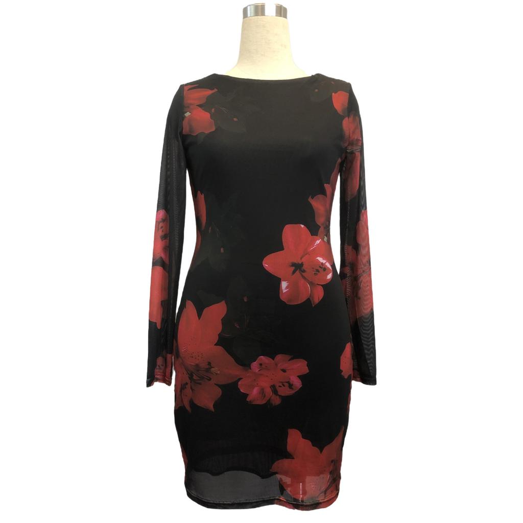 Women Evening Party Long Sleeve O Neck Mesh Flower Printed Package Hip One Piece Dress
