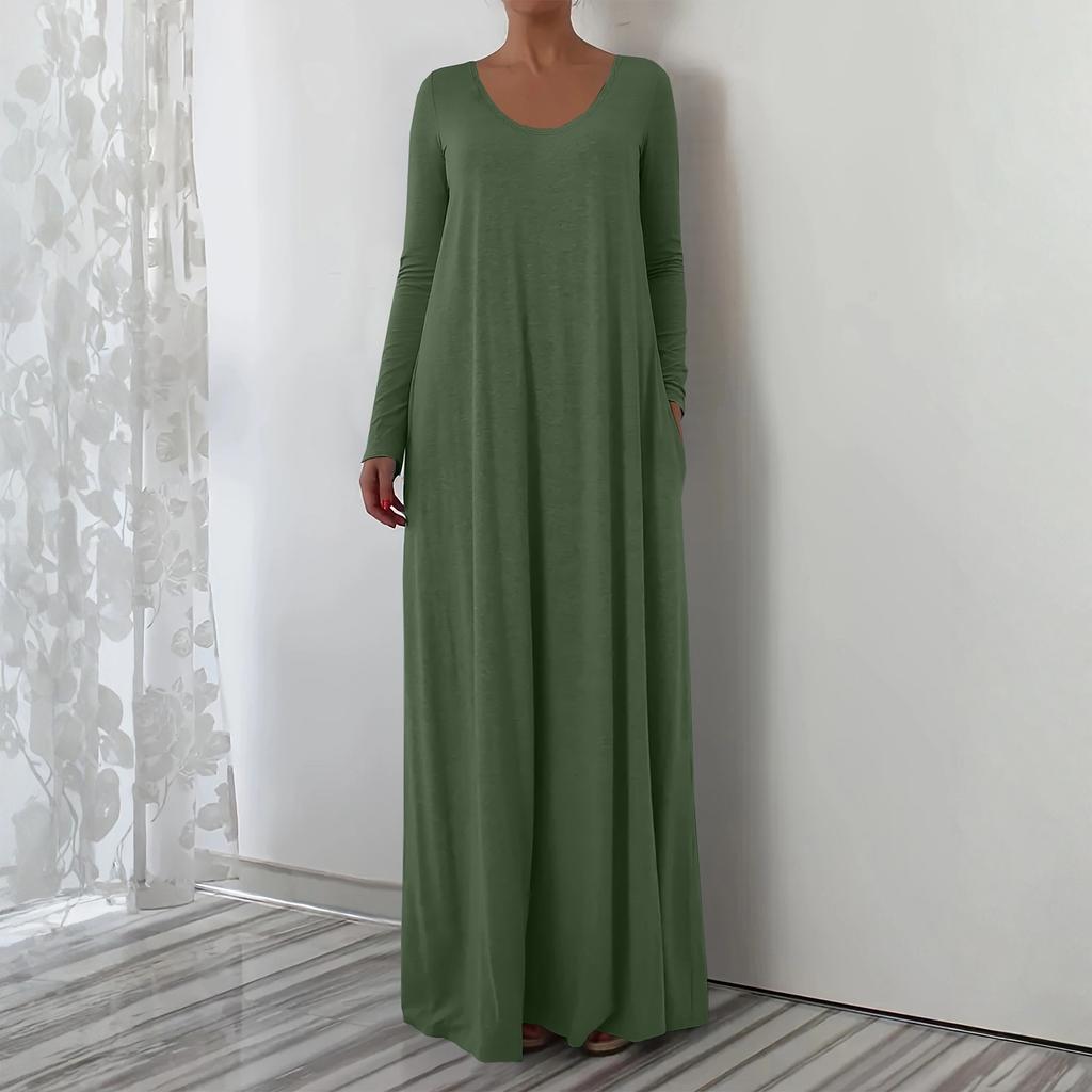 Damen Modisches Einfarbiges V-Ausschnitt Langarm Lässiges Locker Sitzendes Überziehkleid Lang