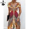 Damenmode Sommer Frühling Geometrischer Druck Kurzarm V-Ausschnitt Lockere Taille Freizeitkleider