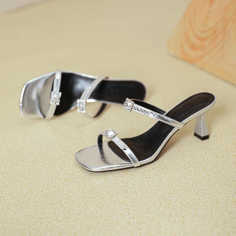 High-heeled slippers women's 2025 new summer fashion silver outer wear thin heel one-word drag temperament square head cool slippers