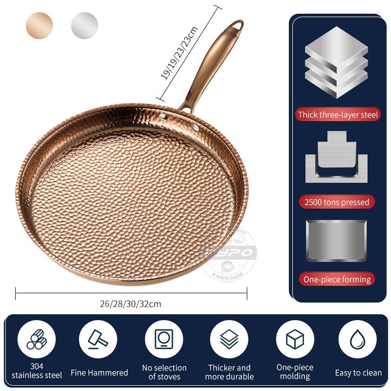 304 Stainless Steel Frying Pan Non-Stick Uncoated Omelette Frying Steak Household Hammered Pan Kitchen Cookware