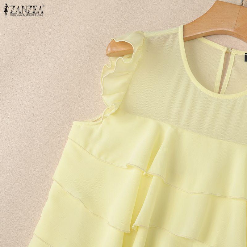 ZANZEA Women Casual Round Neck Loose Sleeveless Ruffles Blouse