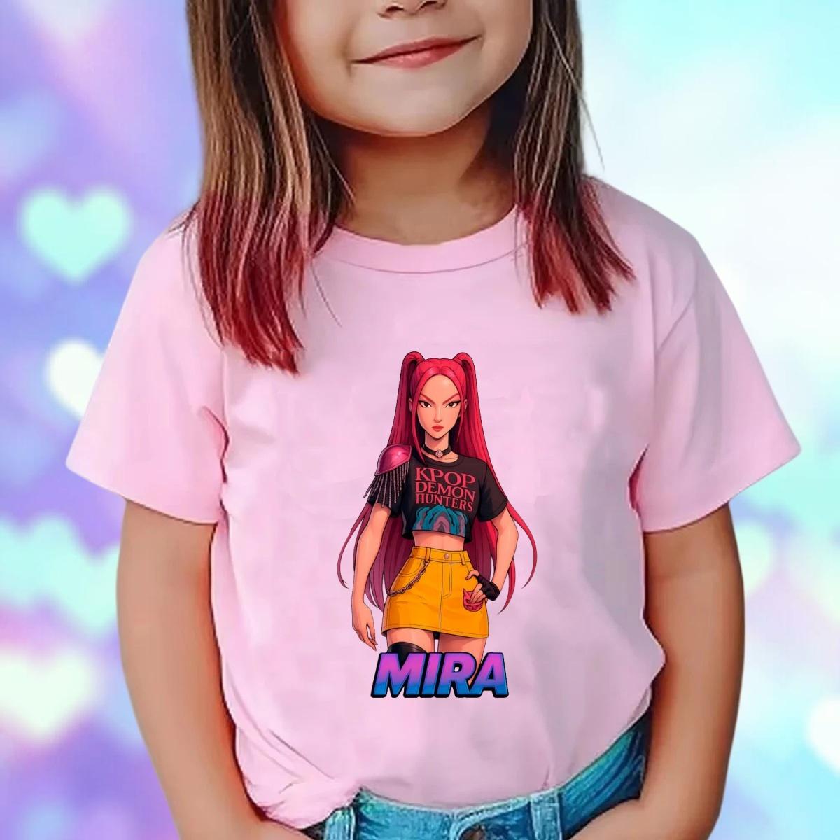 

Kpop Demon Hunters Children s Clothing Short Sleeve Pink T-shirt Kpop Demon Hunters Tiger Harajuku Tshirt for Boys Girls Gift 160