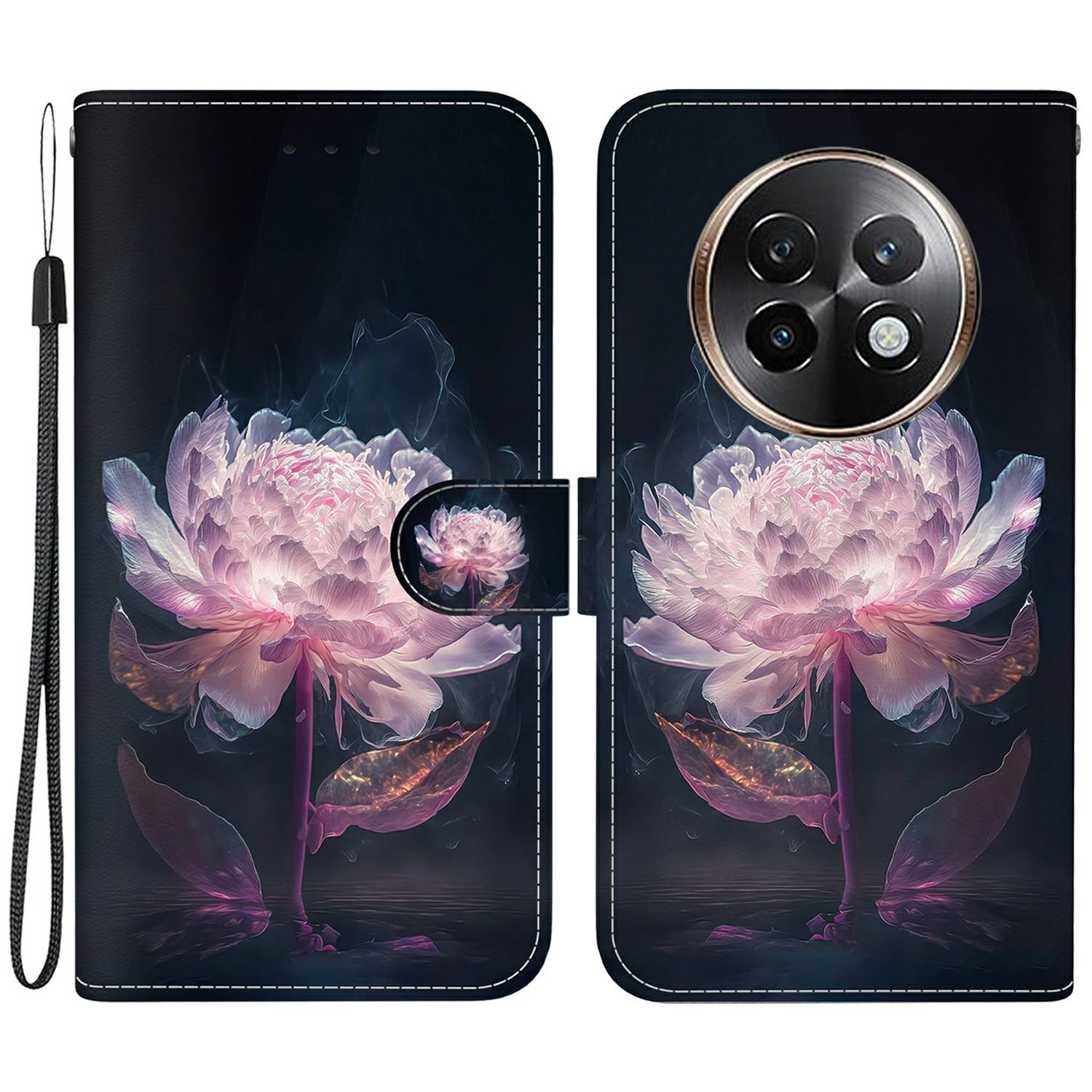 

For Realme 13+ 5G Wallet Phone Case Anti-Drop Leather Flip Cover Pattern Printing Purple Peony