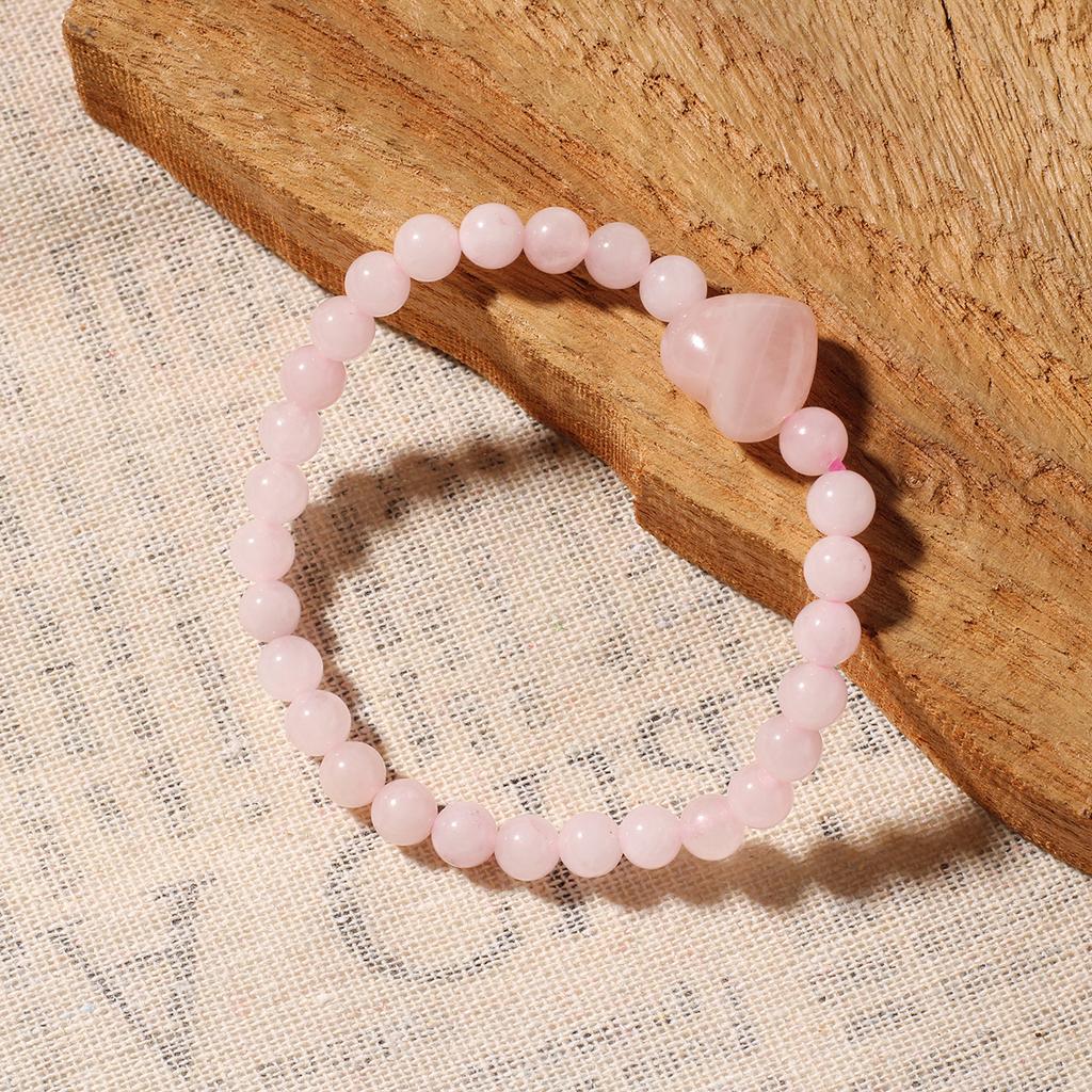 Festive Gifts Rose Quartz Beaded Bracelet With Heart Charm Sweet Fashion Jewelry For Women Daily Wear Simple Versatile Accessory