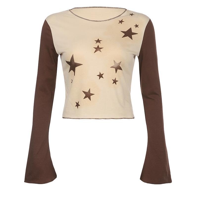 

Футболка контрастного цвета с принтом сверкающих звезд в стиле Харадзюку и персонализированный универсальный топ с микроклешами и длинными рукавами S коричневый