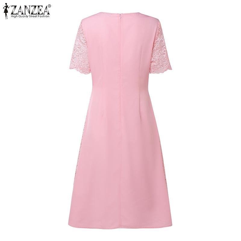 ZANZEA Women Casual Round Neck Summer Short Sleeve Patchwork Crochet Dress