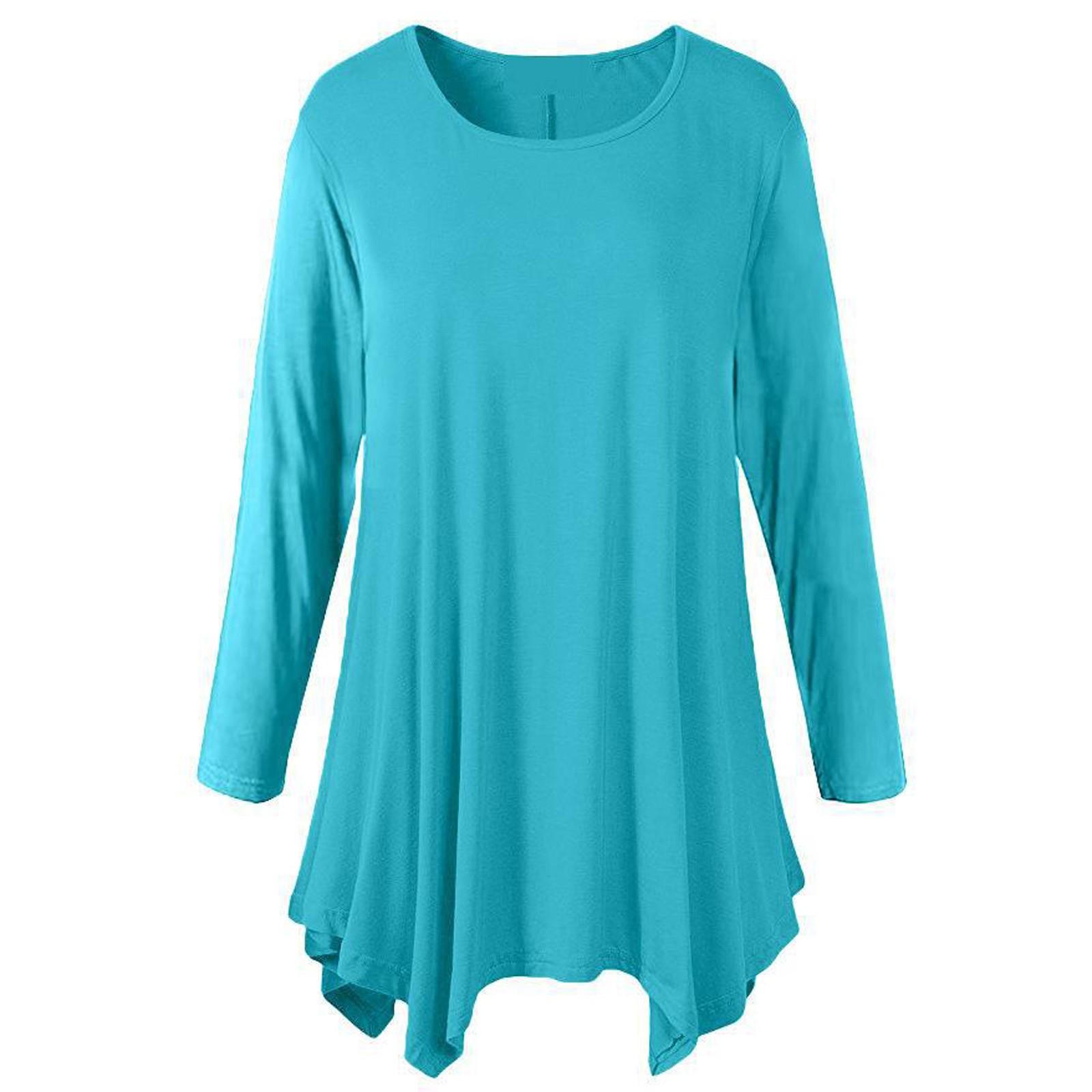 

Женская модная повседневная рубашка средней длины с длинным рукавом и круглым вырезом, однотонная базовая рубашка XL небесно-голубой