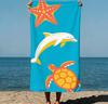 1 Stück Sommer Boho Stil Delfin springend Seestern und Schildkröte Helles und Verspieltes Flaches Design Kunststil Strandtuch