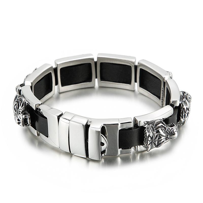 KALEN Punk Fine Jewelry Fashion Bracelets Stainless Steel Leather Tiger Charm Links Bracelet 24cm&Punk
