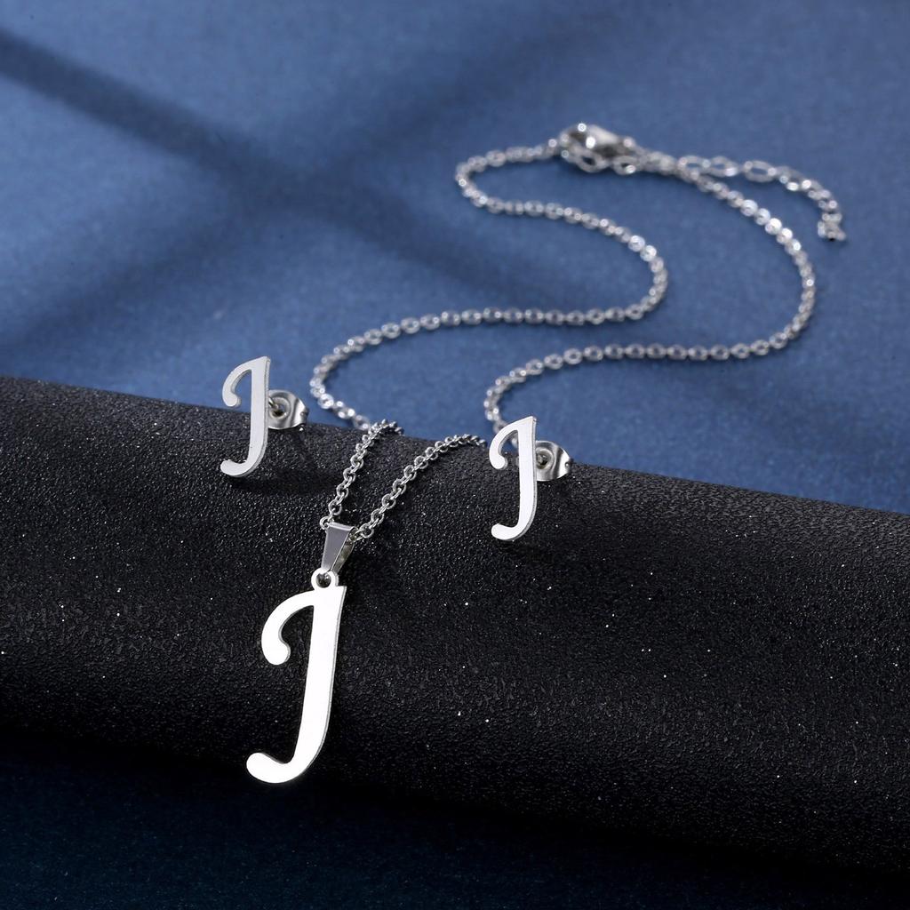 Stainless Steel Letter Pendant Necklace Unisex Jewelry Set Letter Earrings Party Accessory Present for Fashion Lover