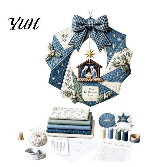 Kreatives handgefertigtes Kranz-Set, Weihnachten Stoff DIY-Kit, Patchwork Anfängerfreundliches Feiertagsbastel-Deko-Set, Dekoration für Haustür, Wanddekoration,