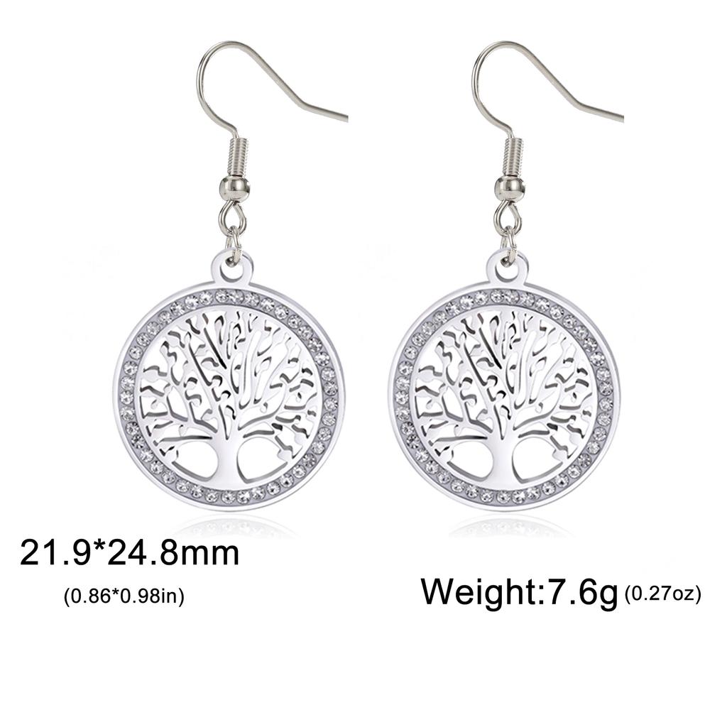 Tree of Life Women's Earrings Stainless Steel Gold Clear Zircon Round Pendant Dangle Earring Amulet Jewelry Gift