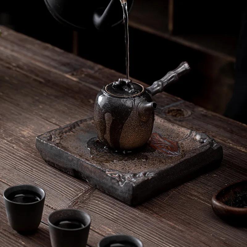 Gilding Iron Glaze Pot Tray Stoneware Base Pot Mat Small Vintage Ceramic Water Storage Drainage Dual-Purpose Pot Tray Tea Table