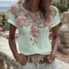 Women Tops Round Neck Short Sleeve Pullover Tops Loose Fit Faux Pearls 3D Floral