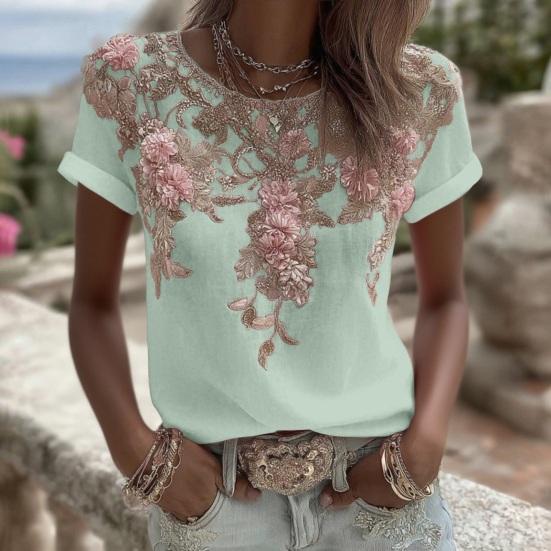 Women Tops Round Neck Short Sleeve Pullover Tops Loose Fit Faux Pearls 3D Floral