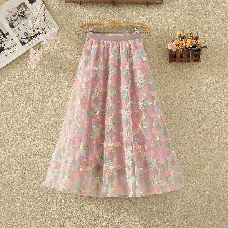 

Qooth Women Embroidery A Line Tulle Skirt Wide Hem Mid Length Elastic Waist Skirt Elegant QT2634 One Size розовый