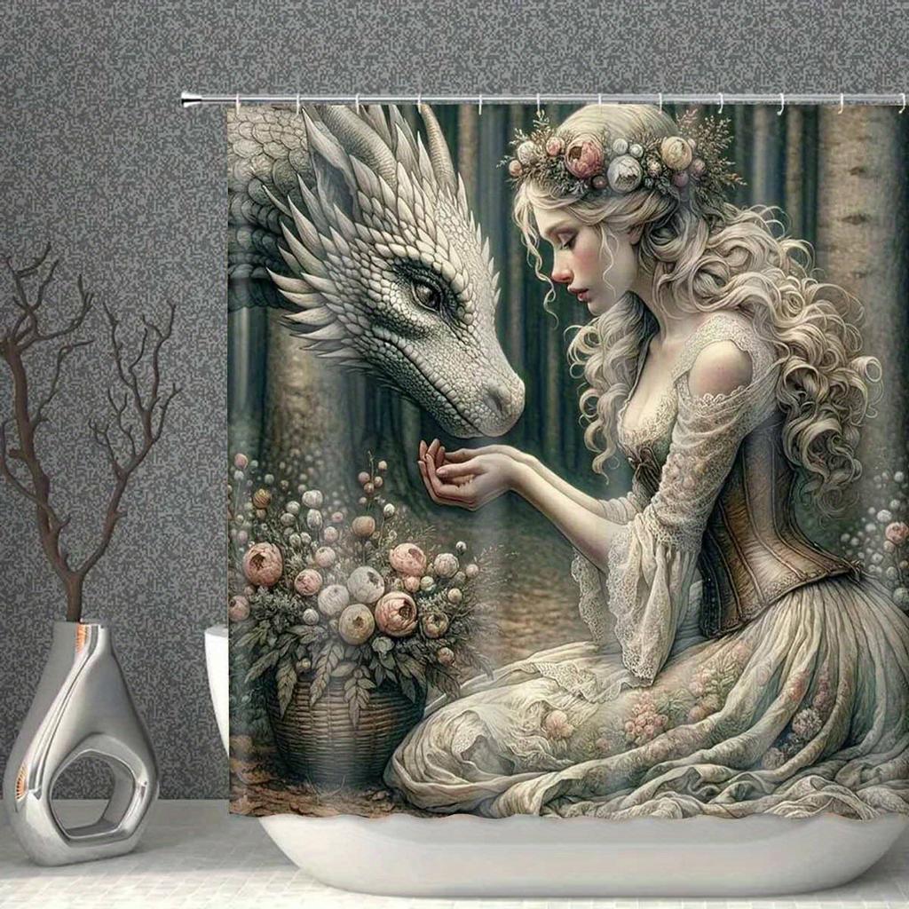 Enchanted Forest Princess And Dragon Waterproof Shower Curtain For Bathroom Decor, Unique Art Design, Vibrant Colors
