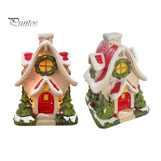 Red Door Holiday Decoration Mini Christmas House Figurine Small Resin Snowy Village Statue with Snow-covered Roof Decor Wreath And Pine Trees