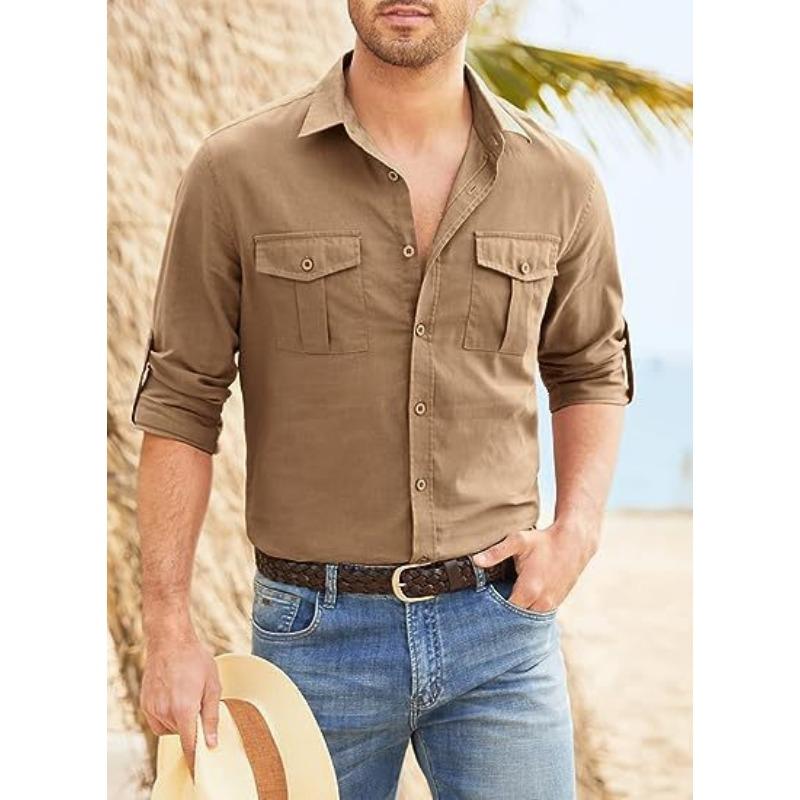 Men's Shirt with Double Pockets Cotton Linen Long Sleeved Shirt Casual Vacation Shirt