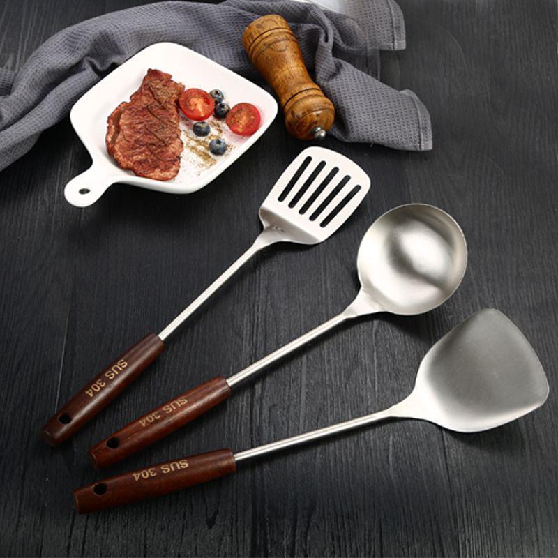 304 Stainless Steel Slotted Spatula Set with Anti-scald Wooden Handle - Thickened for Stir-frying & Cooking.