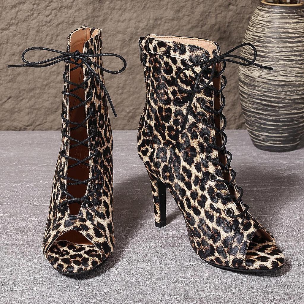 Plus Size Leopard Print Strappy Lace-Up High Heel Sandals - European & American Style