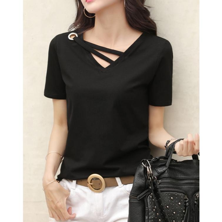 Women's Casual Fashion V-Neck Top Summer White T-shirt