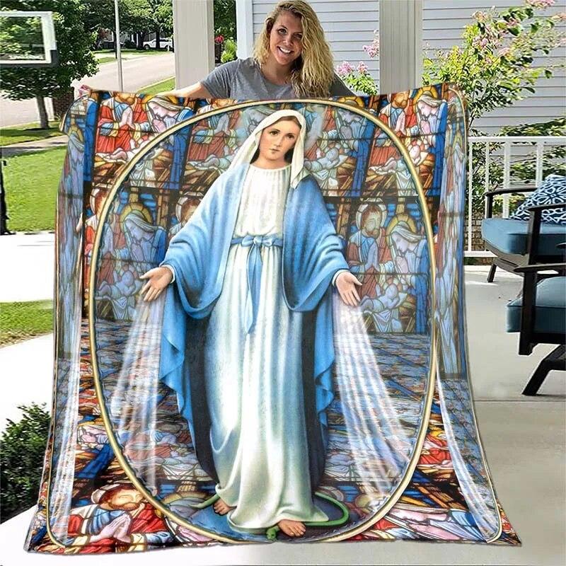 Jesus Jungfrau Maria Prayer Blanket- Lightweight Flannel Throw for Sofa ,Digital Printed Blanket with Soft & Worm Flannel Fabric