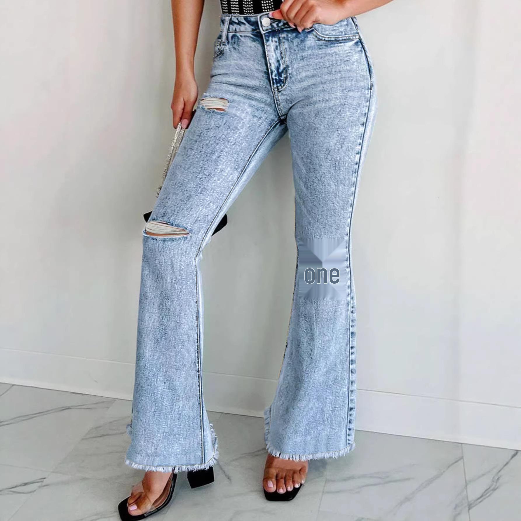 

2026 Spring Plus Size Frayed Ripped Bell Bottom Jeans for Chubby Girls US 14 светло-синий