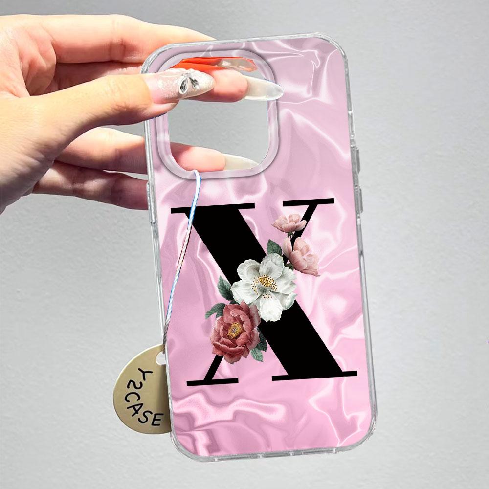 A-Z Black Letter Peony Flower Shockproof Phone Case For Samsung Galaxy A07 A17 A06 A16 A26 A36 A56 A12 A22 Shell Couple Cover