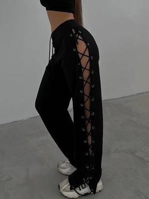 Hollow Out Bandage Sweatpants Women's Pants Solid High Waist Side Split Loose Straight Trouser Female Casual Tie Drawstring Pant