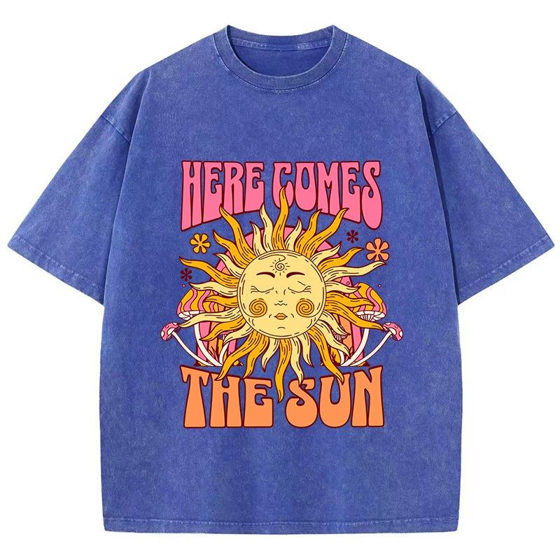 Dámské oversized prané bavlněné tričko s potiskem Here Comes The Sun Ležérní topy s kulatým výstřihem a krátkým rukávem Volné dámské oblečení