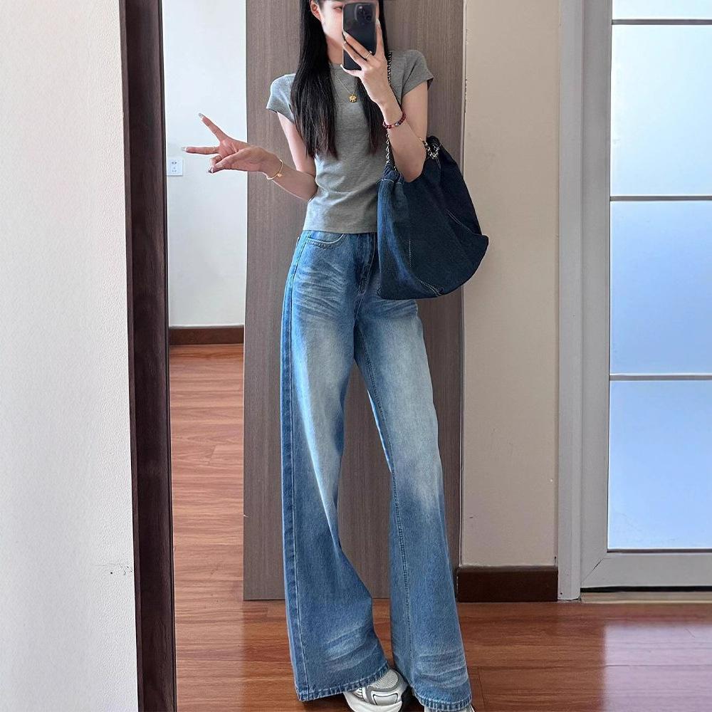 Large Size Do Old Crease Jeans Women Blue Straight Washed High Waist Drape Loose Skinny Wide Leg Dragging Trousers Jeans for Women Long Denim Pants